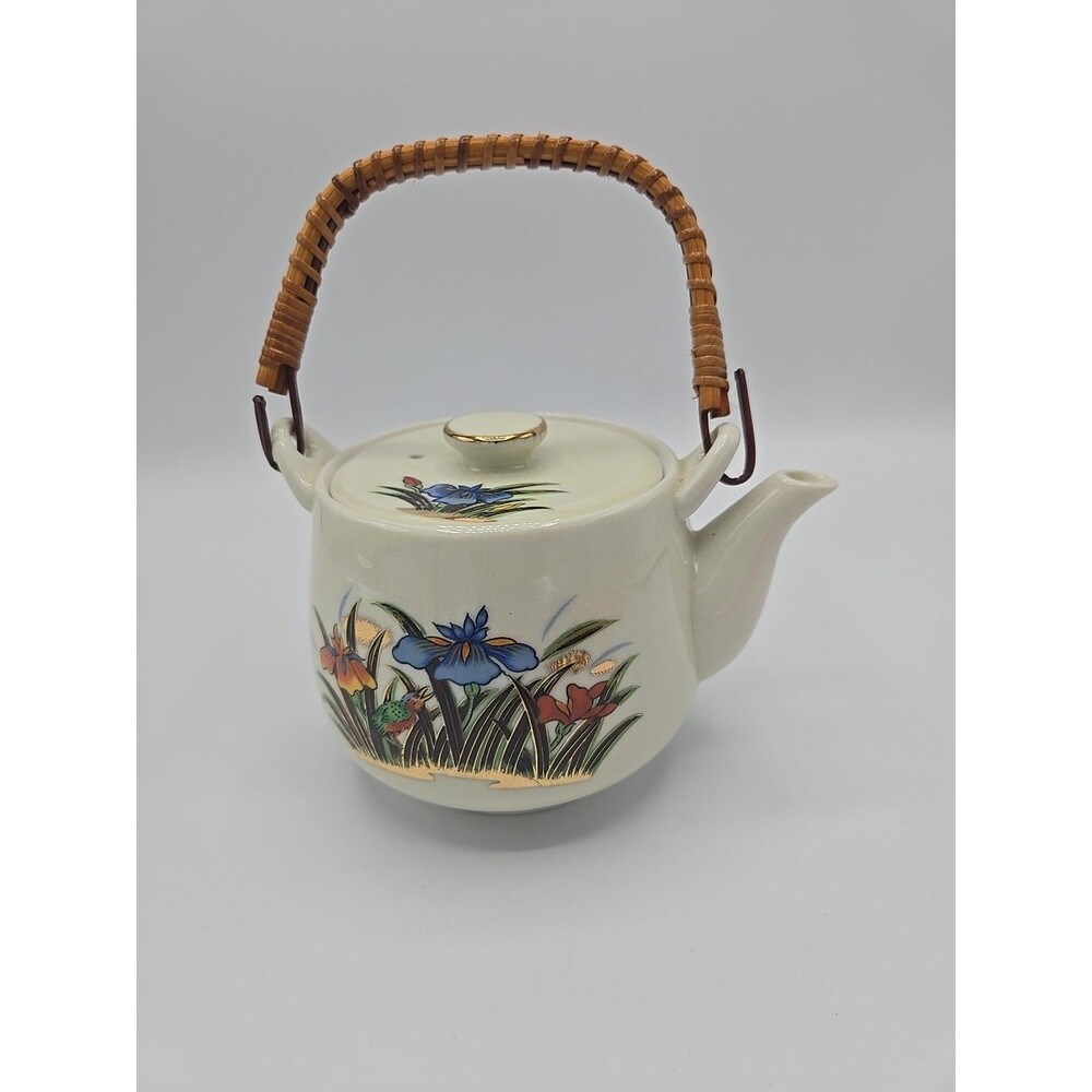 MCI  Vintage Japanese Teapot  Tea Pot  Bamboo Wire Handle White With Iris  A